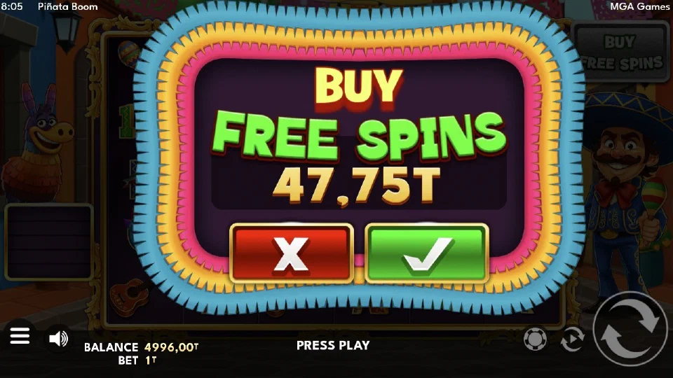Diálogo de compra de free spins de Piñata Boom con el precio según la apuesta