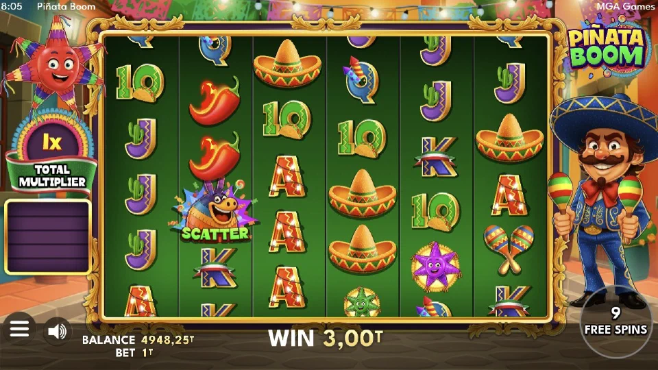 Ronda de free spins de Piñata Boom con el contador Multiplicador Total visible sobre la cuadrícula